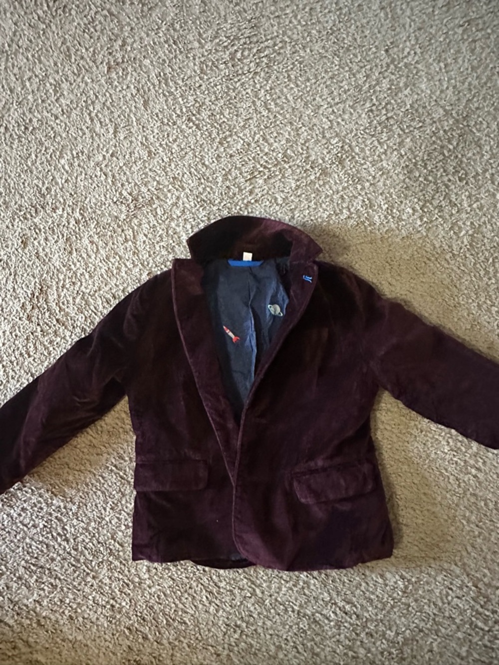 Boden Boys Maroon Velvet Velour Blazer Jacket Solar System Lining Size 3-4
